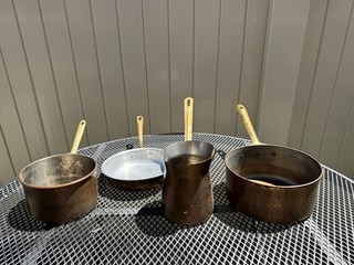 LOT of 4 Copper Pots & Pan Vintage Antique Charming Long Handles Various Brands