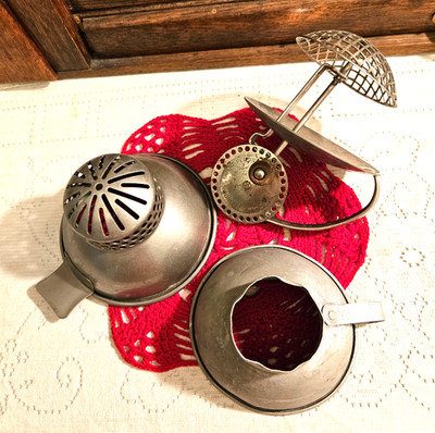 Lot of 3 Vintage Kitchen Utensils Tools Gadgets: egg beater*cnng strainer/funnel