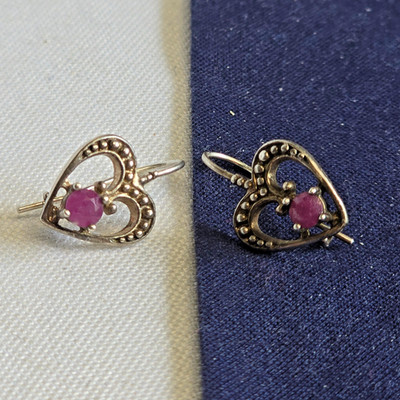 Sterling Silver Heart Earrings 2.92g Jewelry Ruby Look Kidney Wire Back *READ*