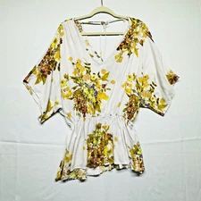 White Birch Fall Floral V-neck Boutique Blouse Elastic Waist Batwings Women's M