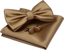 Mens Solid Color Double Fold Pre-tied Bow Tie and Pocket Square Cufflink Set wit