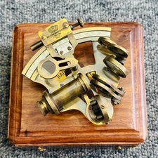 Antique Style Brass Pocket Sextant Navigation Nautical Marine Vintage Wooden Box