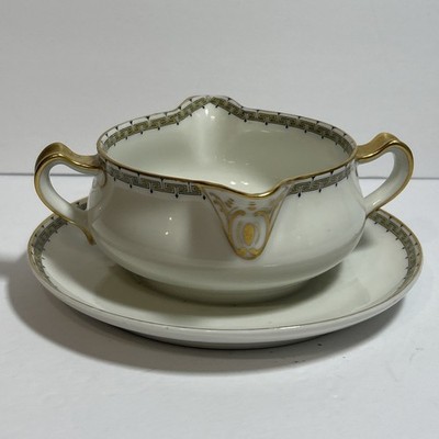 Haviland Limoges Albany Greek Key Gravy Boat W/ Attached Underplate France (f9)
