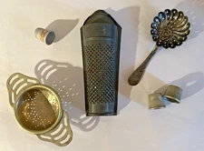 METAL LOT NF NICKEL SILVER SPOON W GERMAN NUTMEG GRATER EPNS TEA STRNR THIMBLES