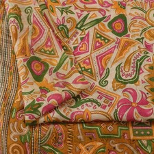Sanskriti Vintage Sarees Ivory Indian Pure Silk Printed Sari 5 Yd Craft Fabric