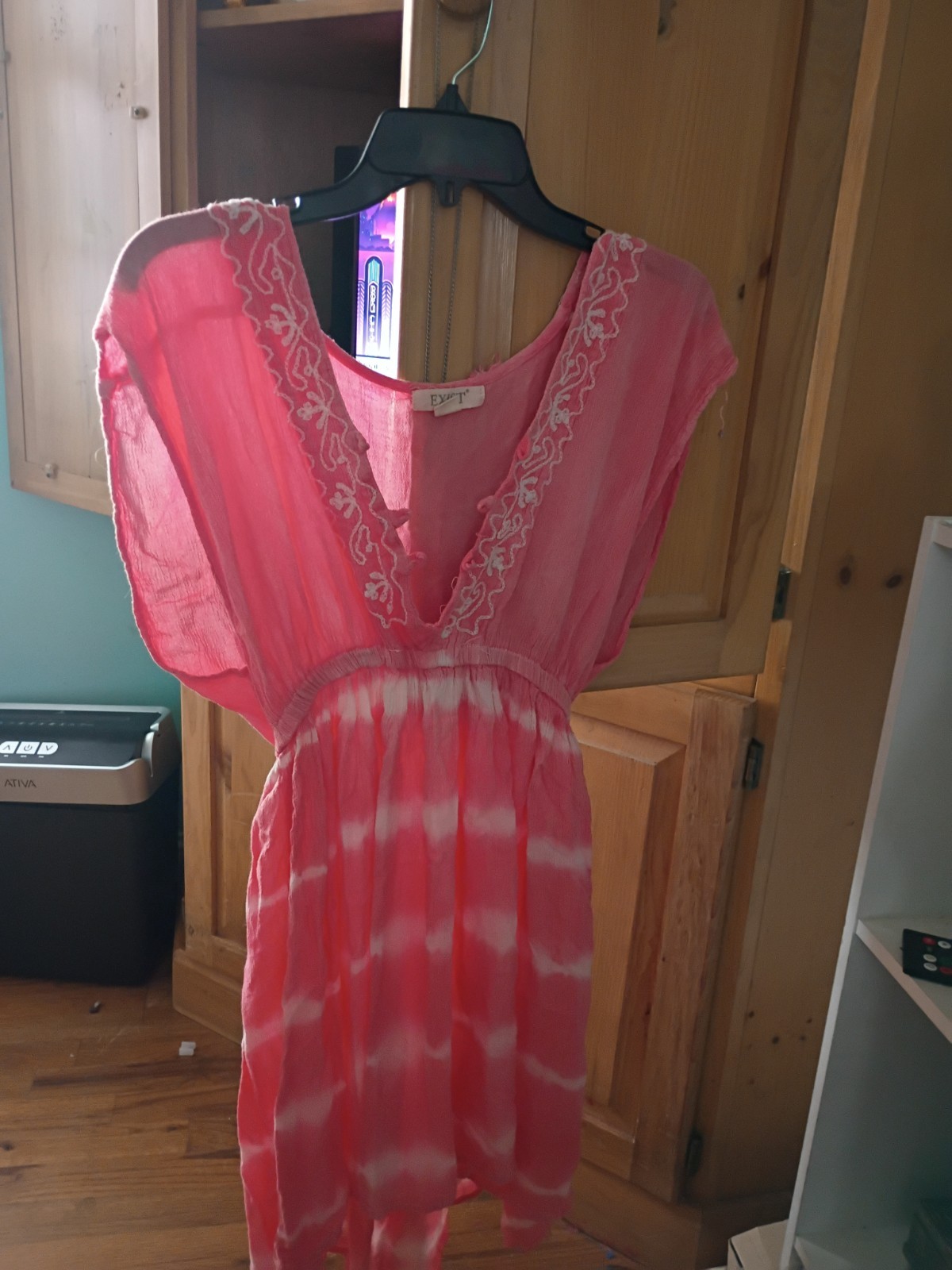 Exist Pink Tie Dye Embroidered Short Sleeve Sundress S Lightweight Casual