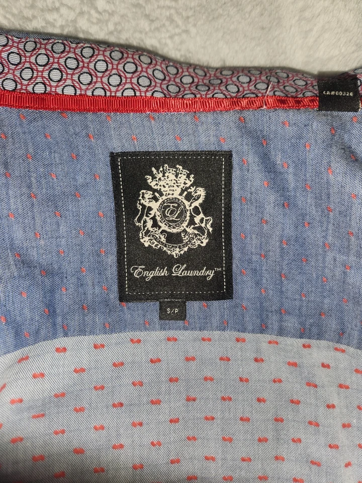 Camisa de vestir para hombre English Laundry pequeña azul patrón de puntos rojos ribete en contraste larga Foto 2 de 4