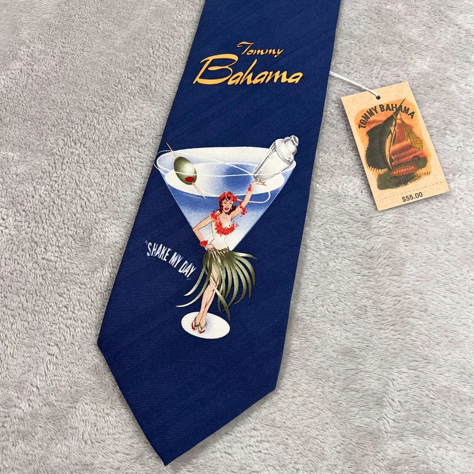 Tommy Bahama Corbata Para Hombres Azul Marino Batido Primero de Mayo Martini Hula Bailarín 100% Seda NUEVO Foto 2 de 4