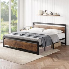 Queen Size Bed Frame with Wooden Headboard Metal Platform Bed Frame for Bedroom