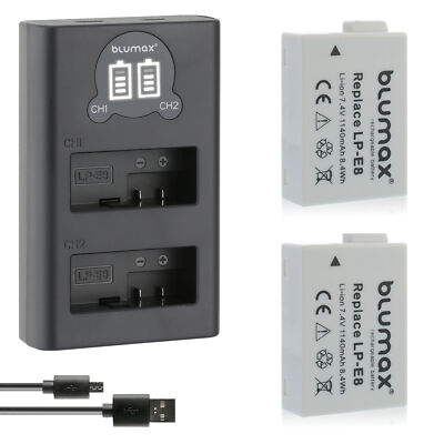 2x Akku + LCD Lader für Canon Lp-E8 EOS 550D 650D 700D Rebel T3i 1140 mAh (7,2V)