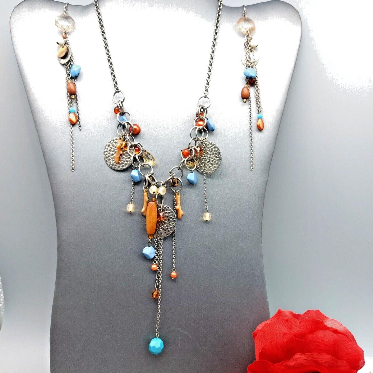 Nice Signed Robert Rose Necklace and Pierced Earrings Pendants rings bones 16