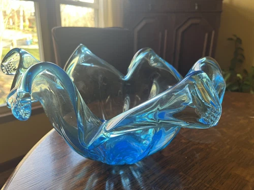 Vtg Murano Turquoise Teal Blue Art Large Glass Bowl Scalloped Folded Edge 16”