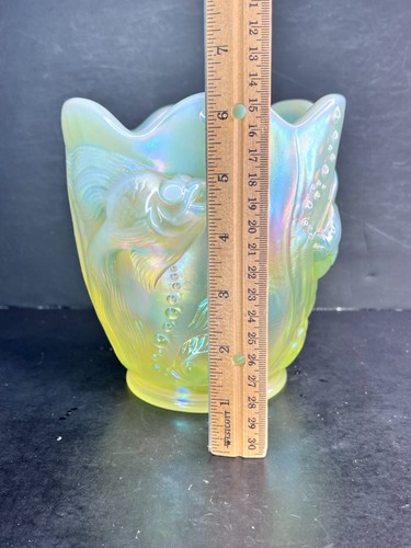 Fenton Topaz Vaseline Opalescent Atlantis Koi Fish Vase 5150 TS - Glows - Picture 9 of 10