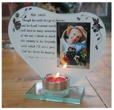 Her smile - Inspirational poem, candle and photo holder glass memorial plaque