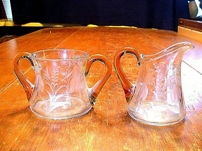 Art Glass Creamer & Sugar Blown Applied Amber Handle & Wheel Cut Flowers
