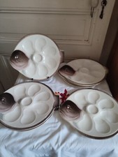 Six assiettes à huîtres en faïence de Longwy modèle Copenhague 1900/1960