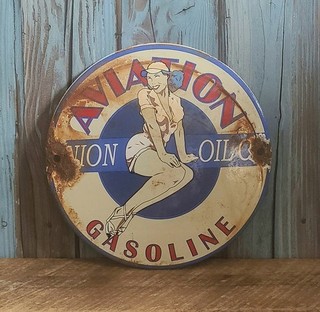 Vintage Union Oil Aviation Gasoline Pinup Girl Porcelain Enamel Metal Sign