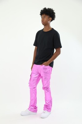 Armor Jeans Stacked Denim Shiny Metallic Pink 34 X 36 Cargo Pants 5 Pockets