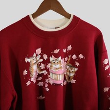 Morning Sun Vintage Cats Autumn Leaves Red Sweatshirt Grandmacore Womens Size XL