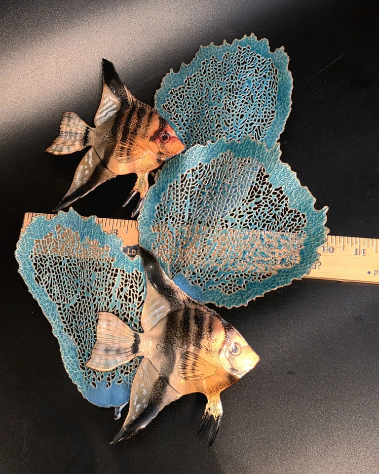 (408) Suite de escultura vintage de 3 piezas de peces ángel, caballitos de mar y abanicos de mar esmaltados bovano Foto 3 de 4