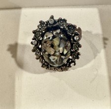 Vintage Abalone Mosaic Shell Statement Ring Rhinestone Floral Adjustable 