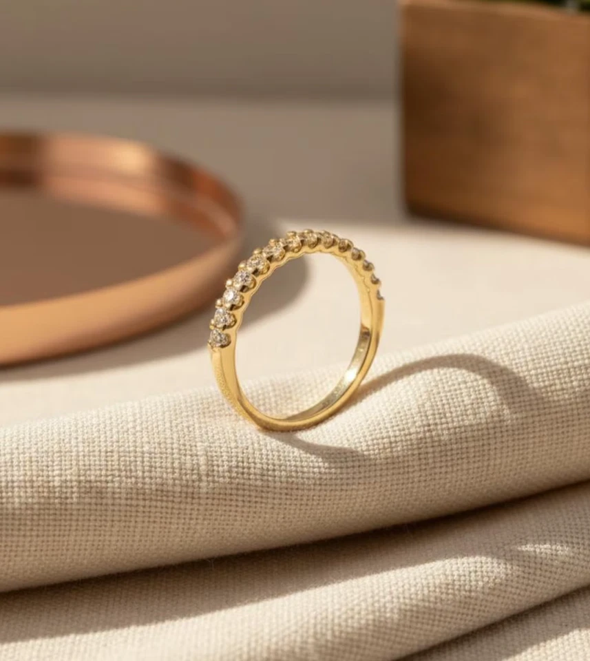 Lab Grown Half Eternity Diamond Band Minimalist Stacking Band 9k Gold Ring - Image 3 of 4