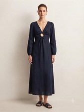 Zimmermann Dress Womens 1 Blue Linen Cutout Long Sleeve Maxi A-Line V Neck