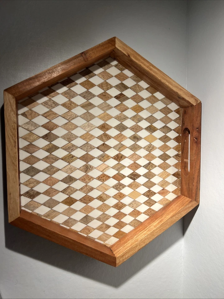 Handmade Wooden Hexagon Tray Bone Inlay Geometric Design – Made in India  - Image 2 of 4