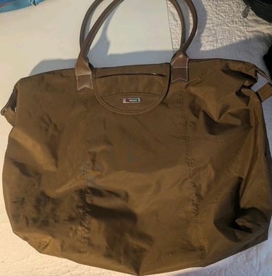 Delsey Canvas Fold & Snap Close Brown Bag Leather Handles, Packable Extra Bag
