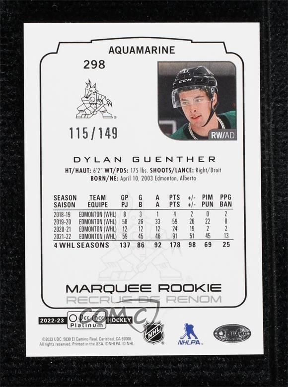 2022-23 O-Pee-Chee Platinum Marquee Rookies Aquamarine Dylan Guenther Rookie RC - Image 2 of 2