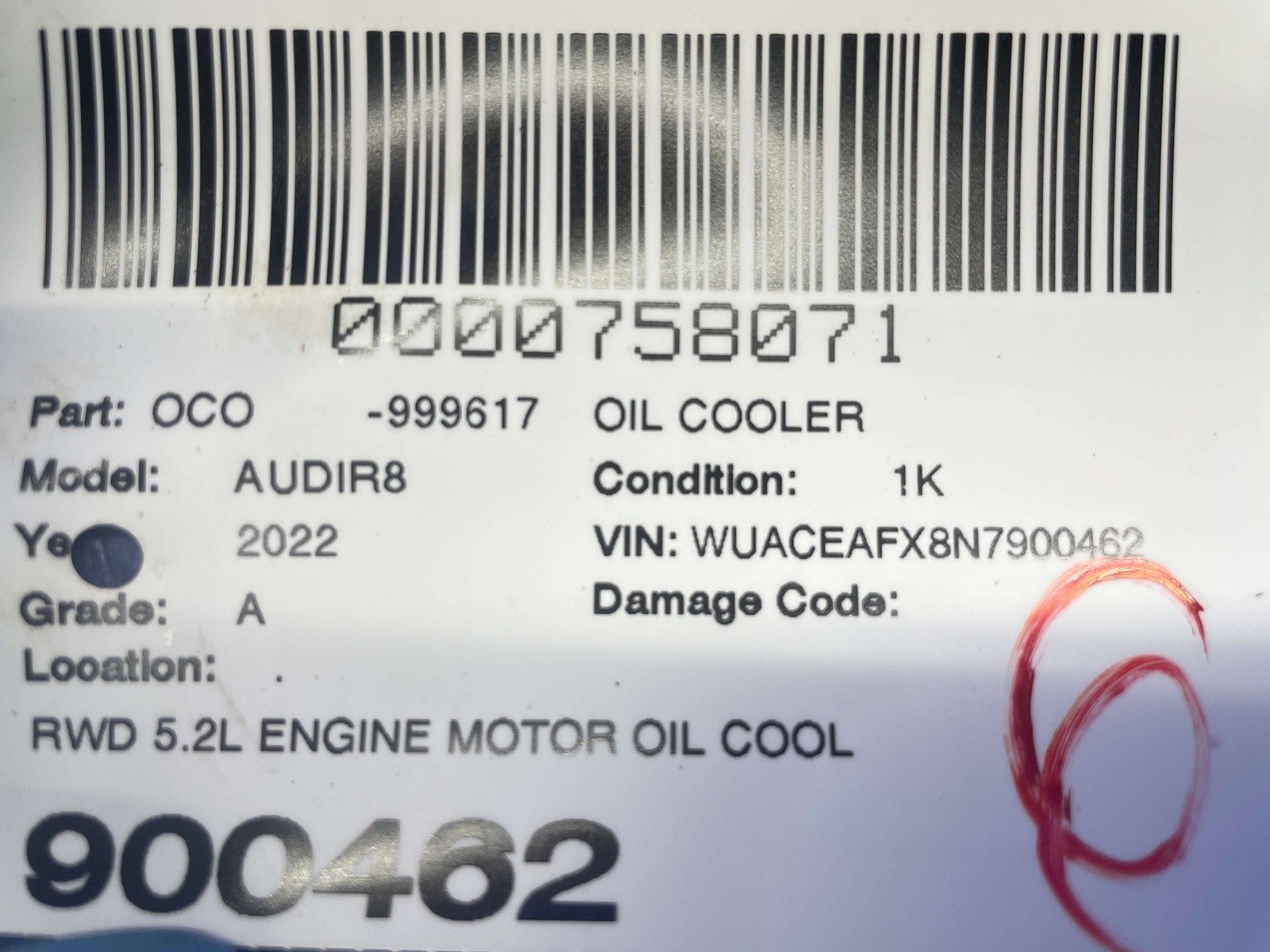 2017-2023 AUDI R8 V10 4S RWD 5.2L ENGINE MOTOR OIL COOLER 4S0117223 4S0117013A