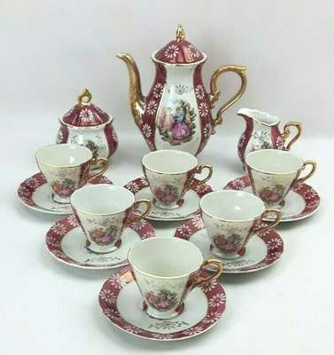 Crown Japan 15 Piece Coffee Expresso Set - Red Floral Fragonard Pattern Vintage