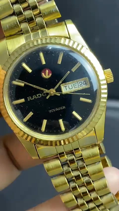 Rare Rado Voyager Automatic Black Dial Day Date Gold Baton Vintage