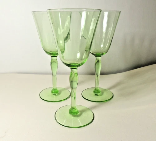 3 Vintage Green Depression Glass Wine Water Goblets Vertical Optic Bowls