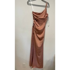 NWT Azazie Eren Stretch Satin One Shoulder Maxi Mermaid Dress Bronzer Women's A2