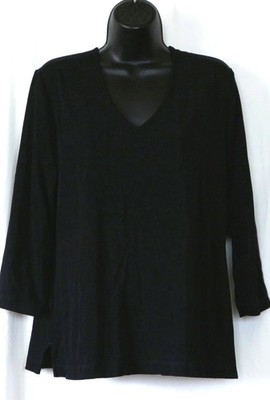 CHICO'S TRAVELERS Black V-Neck Top 3/4 Slvs 40 In Chst 25 In Lng Sz 2 (L) EXC