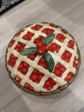 Over & Back Cherry Pie Keeper Plate Lidded Dish Ceramic Portugal Vintage 