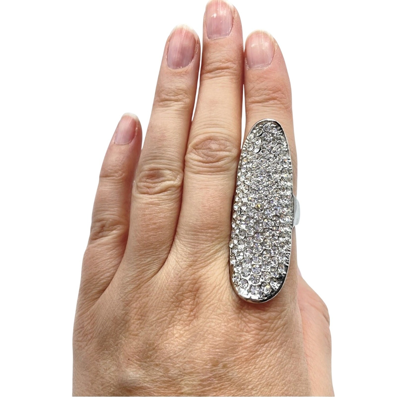 Silver Tone Rhinestone Large Statement Ring Size 8 - image 1
