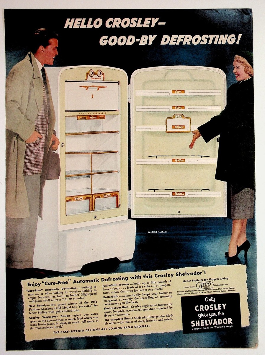 1951 Crosley Shelvador Refrigerator Print Ad Automatic Defrosting