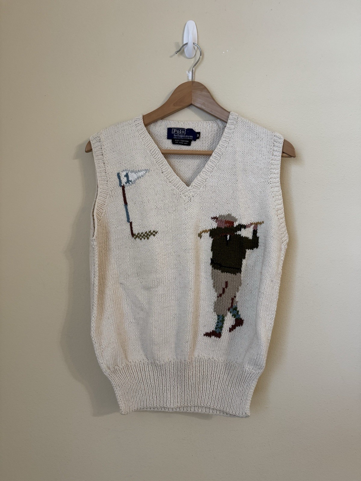 Polo Ralph Lauren Hand Knit V Neck Golf Sweater Vintage Beige Medium