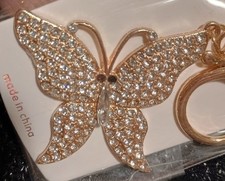White Rhinestone Butterfly Keychain w/ Clip Gold Toned by Mint New