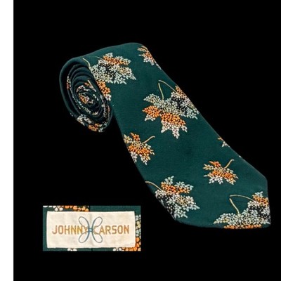Vintage Johnn Carson Green Floral Patterned Tie 100% Polyester Classic Design Fo