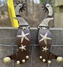 Adult Size Brown Steel Spurs with Engraved Silver Trio of Stars PAIR