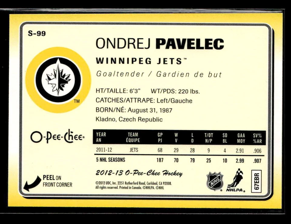 2012-13 O-Pee-Chee - Stickers - #S-99 Ondrej Pavelec - Image 2 of 2