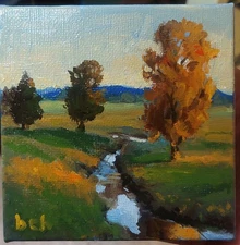 Impressionistic Landscape Oil Painting. 4x4 Inch Oil On Linen..