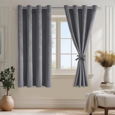 Grey Velvet Curtain Eyelet Set of 2 H145 x W140cm, Curtains Short with Curtain Tie...