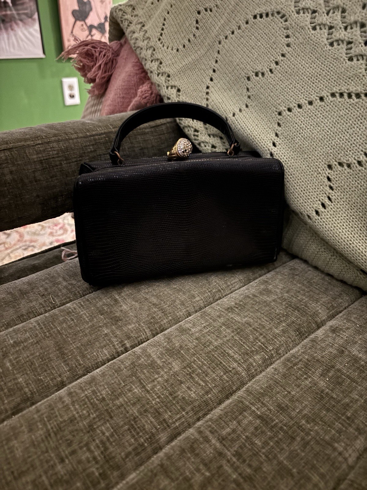 Black Leather Frame Evening Bag with Gold Decorative Clasp Cocktail Purse