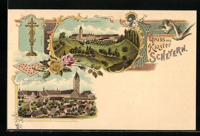 Lithograph Scheyern, partial view with Scheyern Monastery 