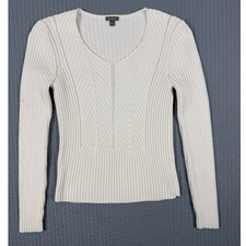 Ann Taylor Cream Ribbed Cotton Knit Scoop Neck Sweater Womens Medium Made in USA