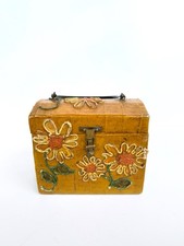Vintage Box Wood Purse, Floral Decorated Purse, Top Handle Purse, 60s Retro Bag